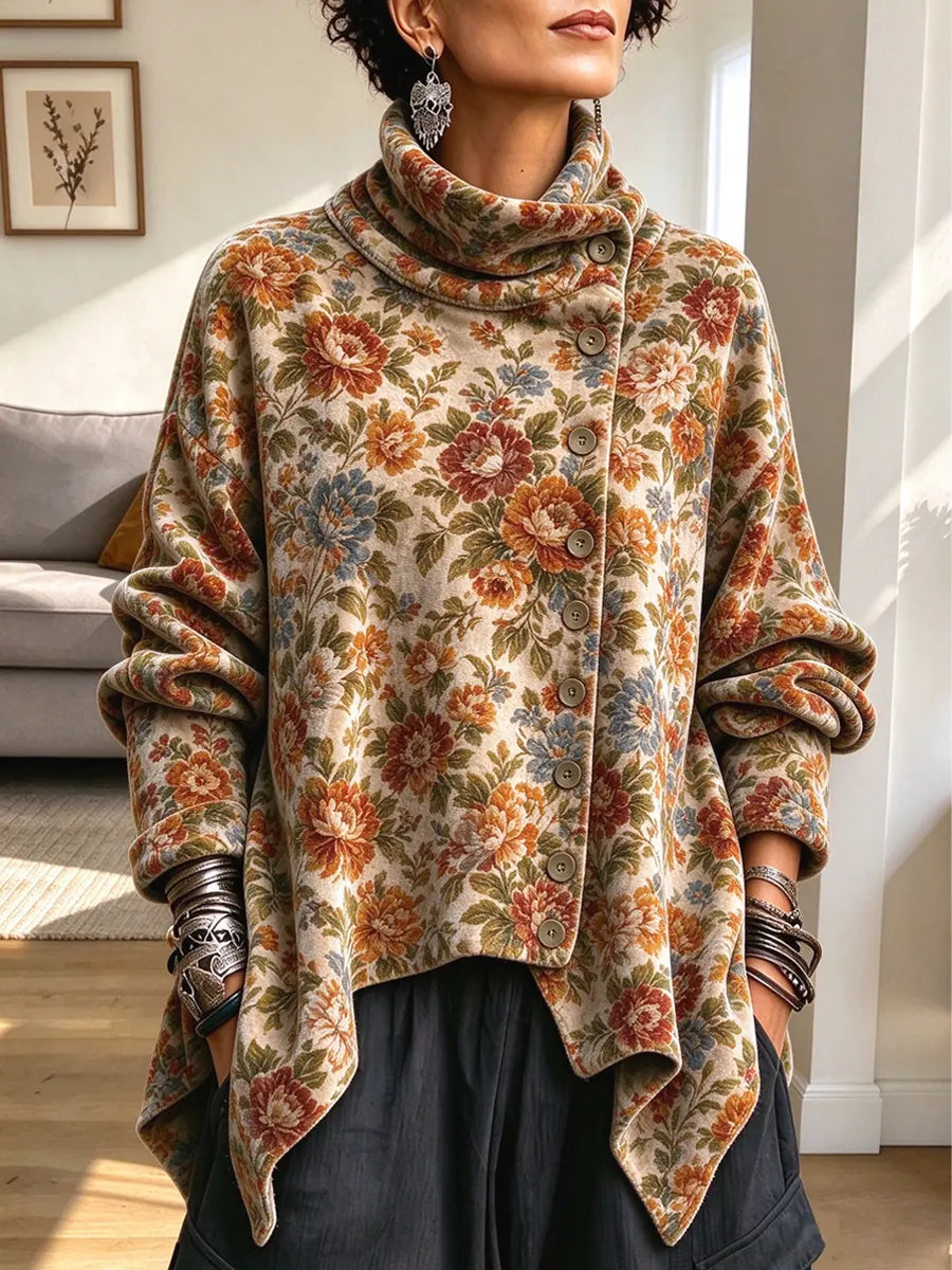 Retro Floral Pattern Art Print Casual Button Stylish Long Sleeve Coat