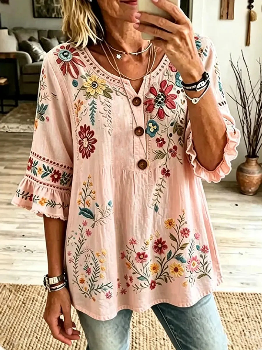 Vintage Floral Pattern Hollow Art Casual Stylish Cotton Linen Shirt