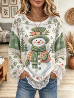 Women's Snowman Snowflake Print Lace Trim Top