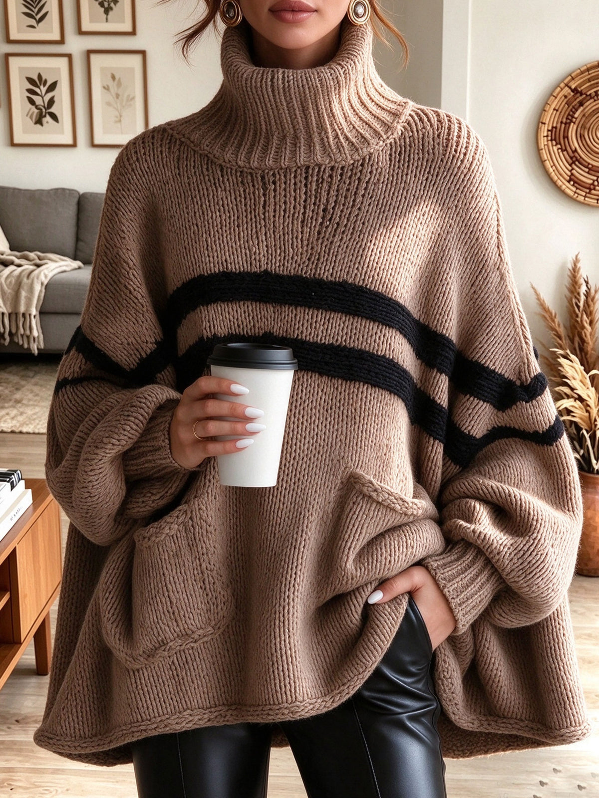 Women's Camel Turtleneck Oversized Knit Sweater with Black Stripes and Pockets