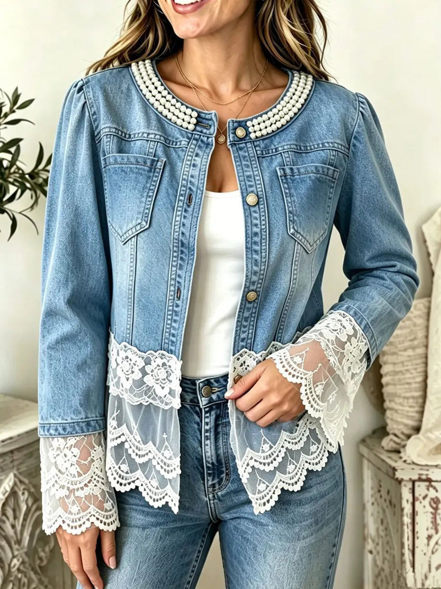 Retro Chic Lace Patchwork Pearl Art Casual Stylish Denim Long Sleeve Coat