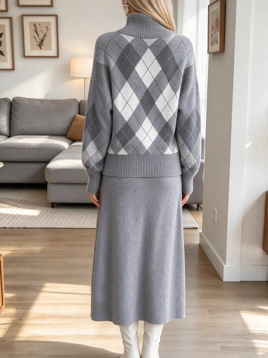 Vintage Plaid Pattern Art Casual Stylish Sweater And Knitted Skirt Two-piece Set