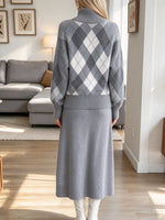 Vintage Plaid Pattern Art Casual Stylish Sweater And Knitted Skirt Two-piece Set