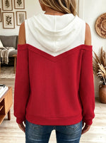Color Block Cold Shoulder Waffle Knit Hooded Sweatshirt