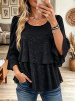 Women's Glitter Tiered Ruffle Flared Sleeve Blouse