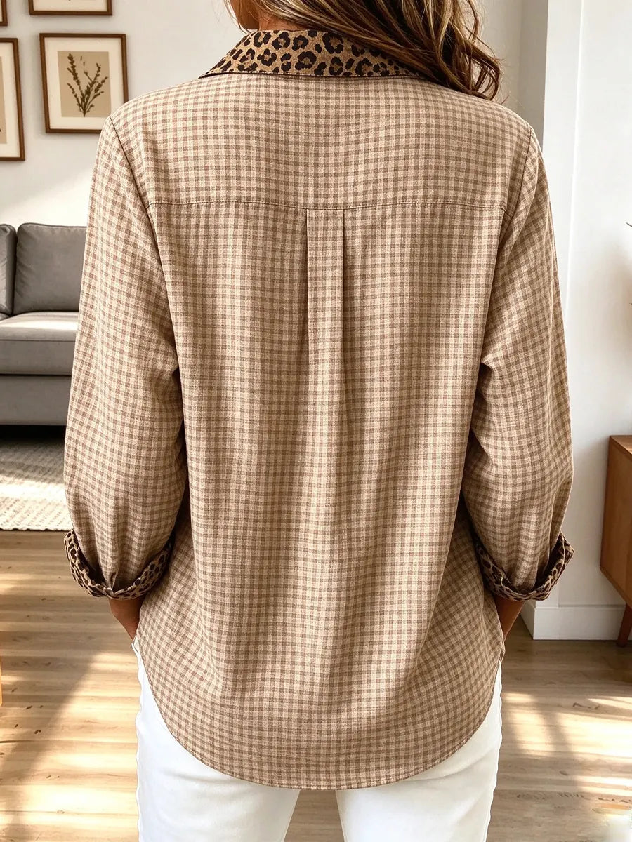Retro Leopard Pattern Plaid Art Casual Stylish Cotton Linen Shirt