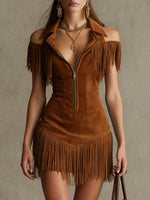 Women Teal Cold Shoulder Fringe Faux Suede Western Mini Dress