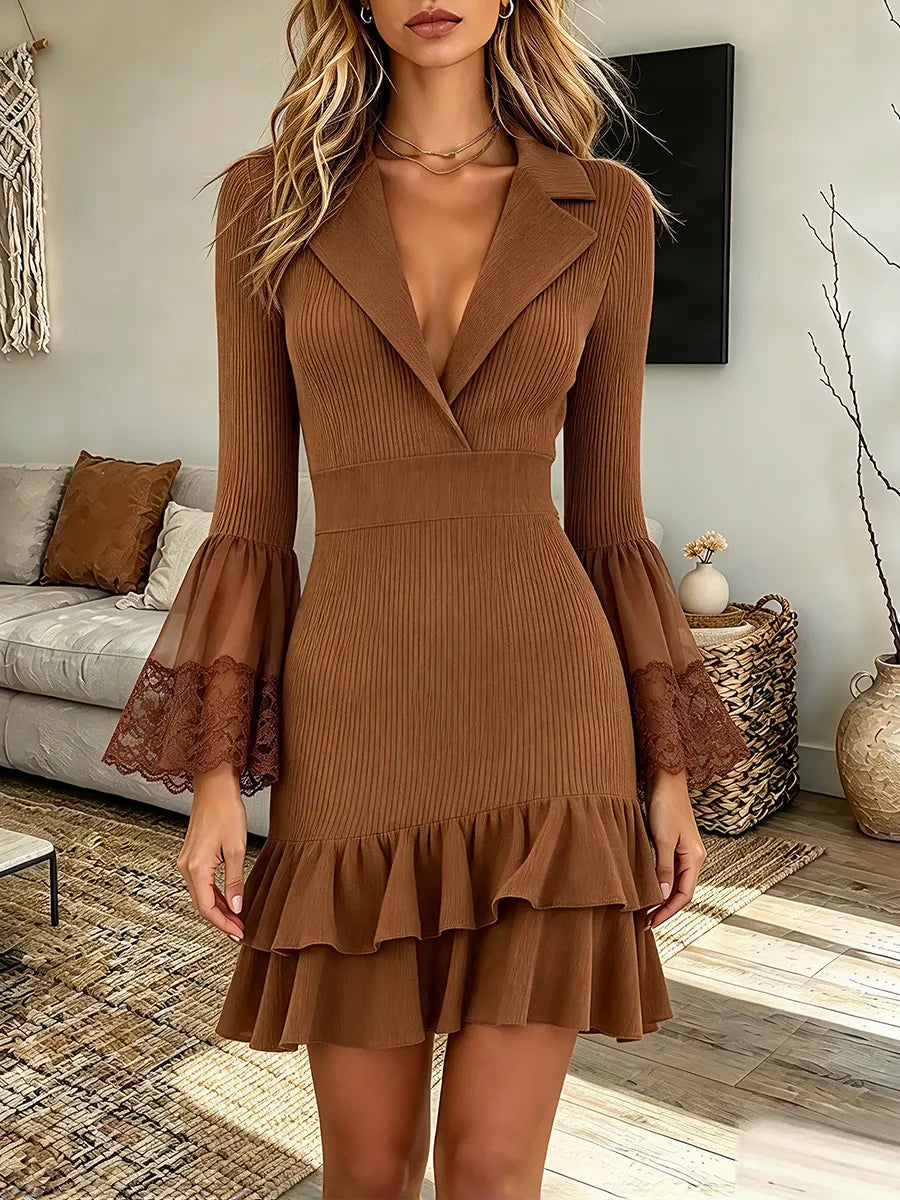 Vintage Elegant Lapel Patchwork Ruffle Lace Mesh Dress