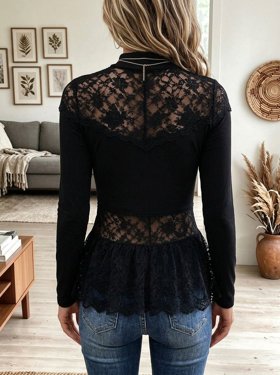 Black High Neck Floral Lace Spliced Peplum Long Sleeve Top