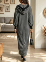 Women's Contrast Hooded Front-Slit Sweatshirt Maxi Dress