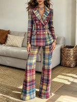 Vintage Elegant Plaid Slim Fit Suit Trousers Two-piece Set