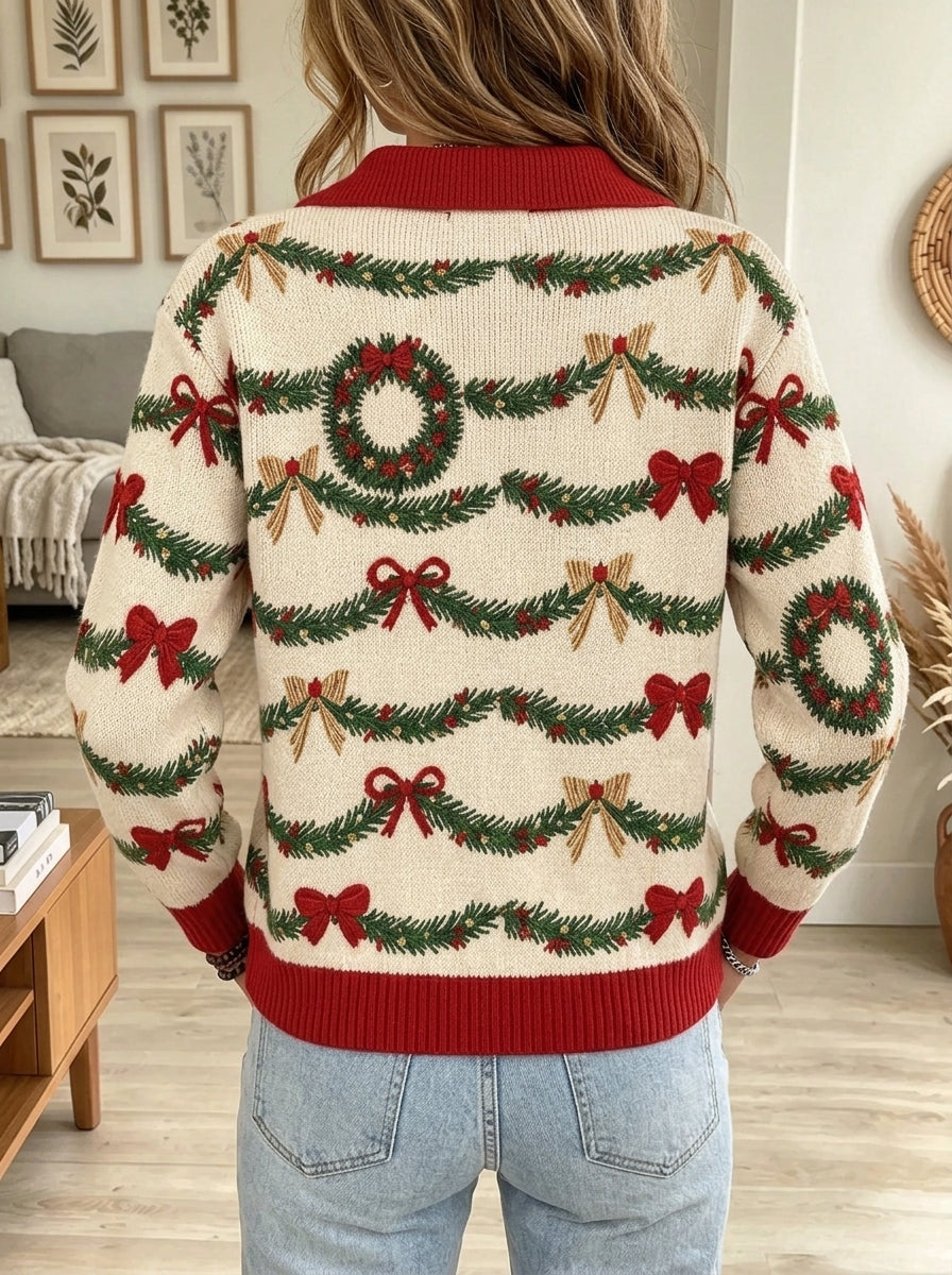 Women's Holiday Wreath Garland Button-Front Cardigan