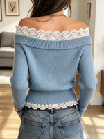Retro Chic Lace Art Patchwork Casual Stylish Long Sleeve Knit Sweater