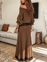 Vintage Elegant Knitted Fabric Patchwork Lace Off-shoulder Top And Skirt Two-piece Set