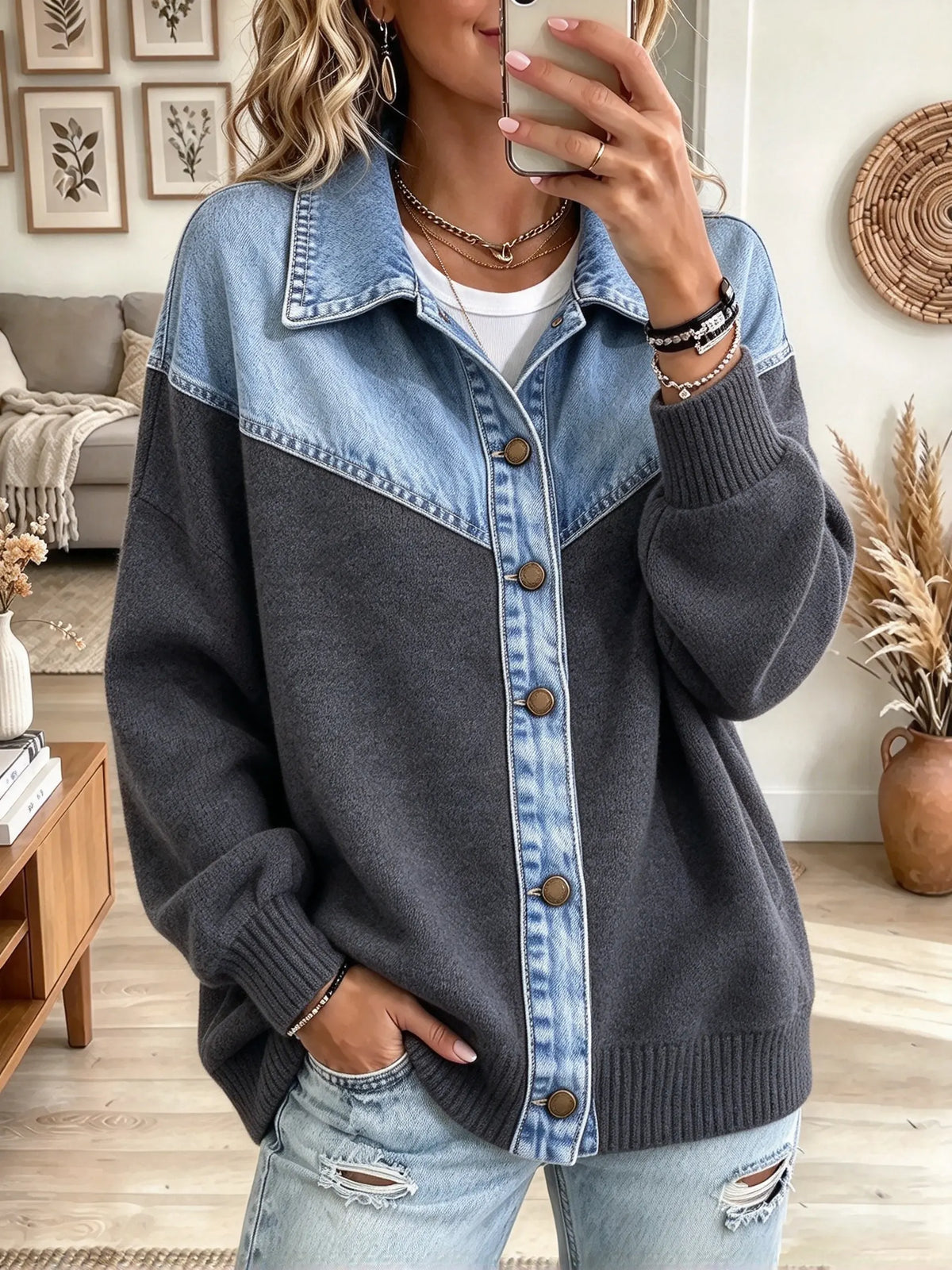 Women's Denim Patchwork Button-Front Knit Cardigan