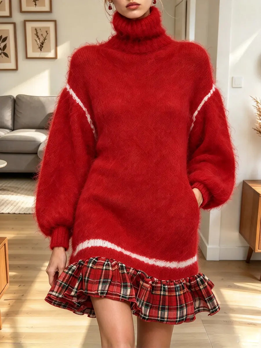 Vintage Plaid Patchwork Turtleneck Art Casual Stylish Long Sleeve Knitted Mini Dress