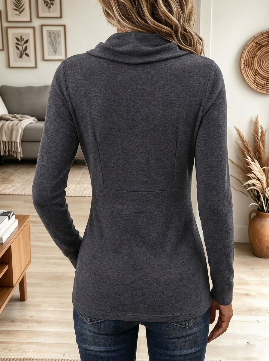 Women's Cowl Neck Long Sleeve Top, Elegant Asymmetric Button Slim Fit Casual Blouse