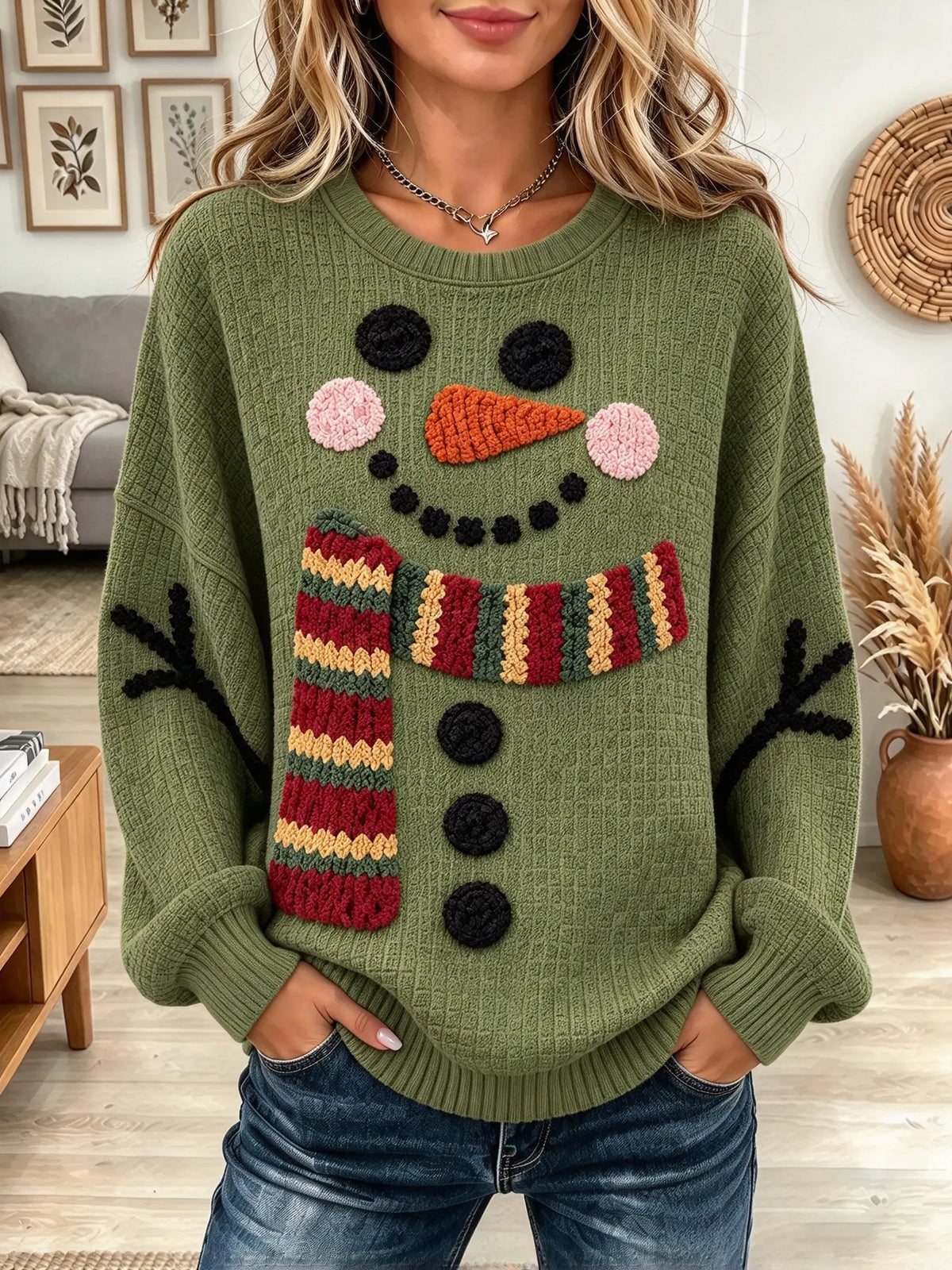 Women's Snowman Textured Knit Sweater
