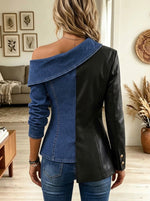 Denim Faux Leather One Shoulder Single Blazer Long Sleeve Top
