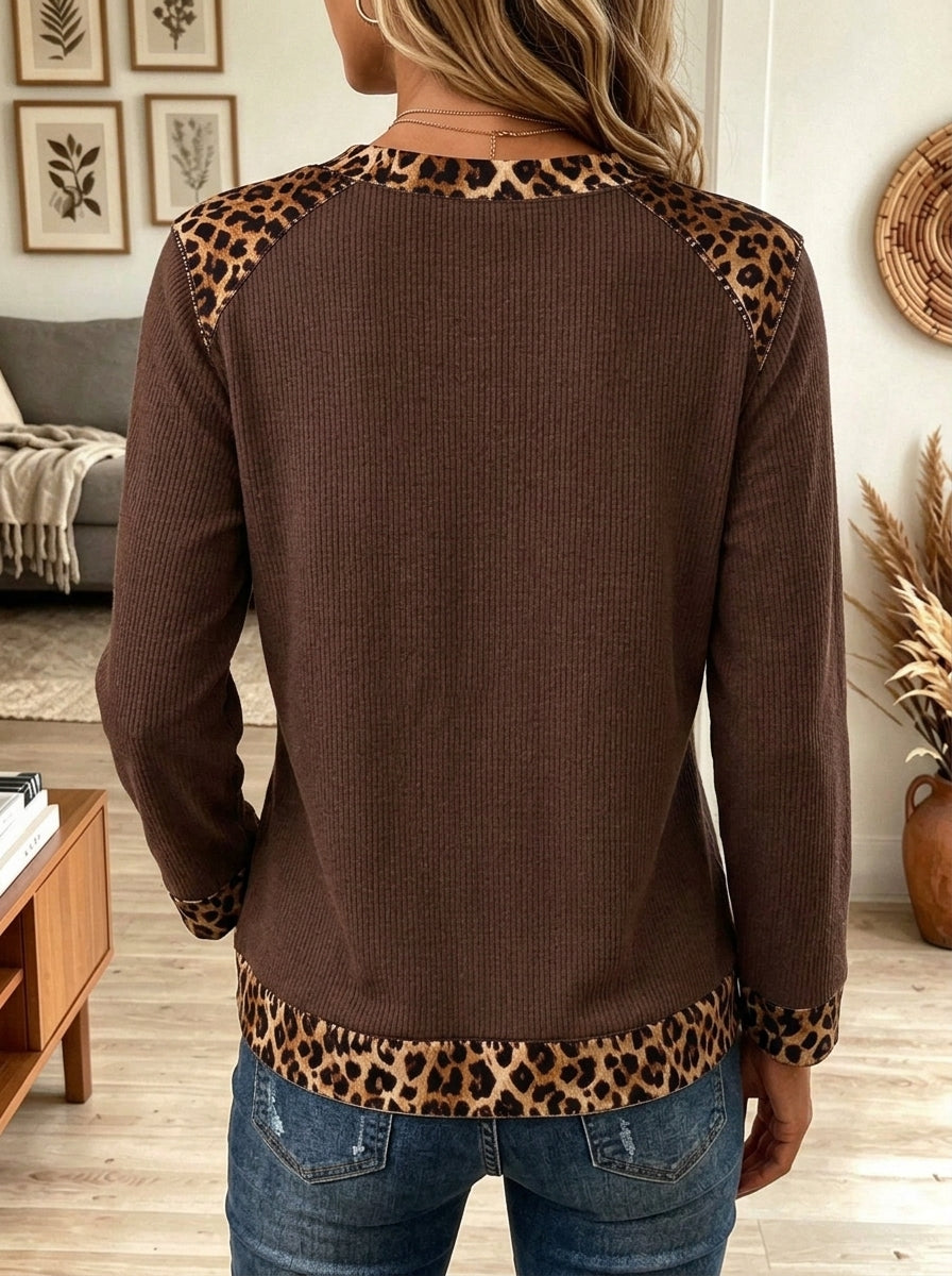 Women's Leopard Patchwork V-Neck Ribbed Knit Long Sleeve Casual Pullover Tops