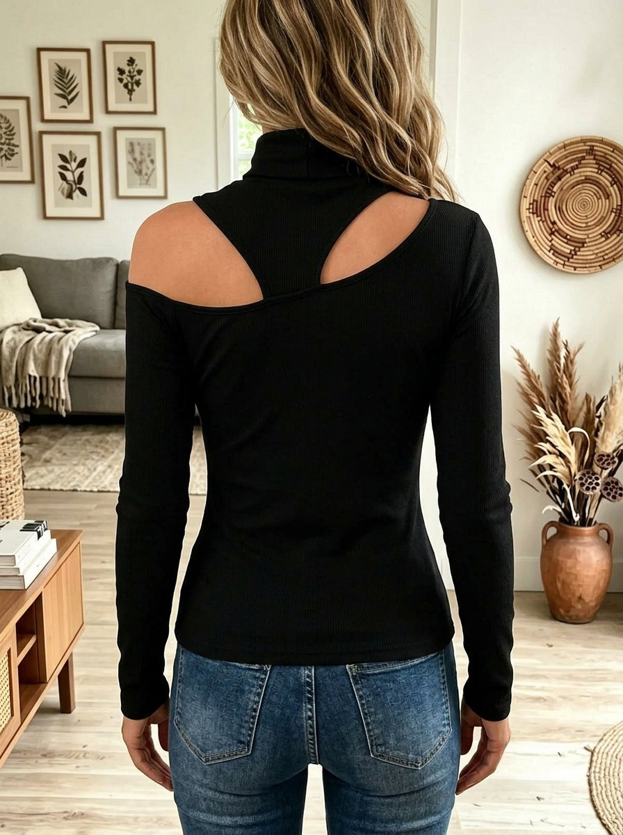 Black Turtleneck Cutout Cold Shoulder Ribbed Long Sleeve Top