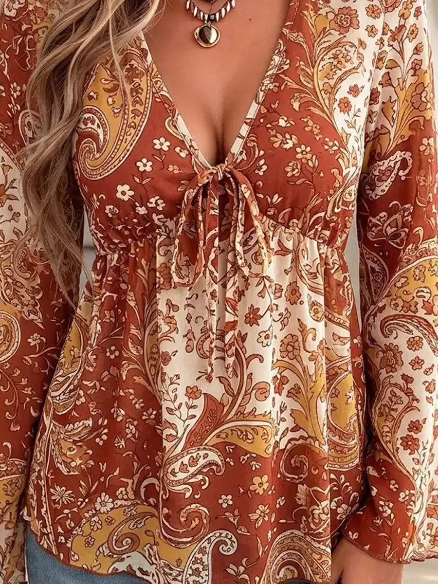 Retro Ethnic Floral Pattern Art Print Casual Stylish Long Sleeve Mesh V Collar Shirt