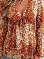 Retro Ethnic Floral Pattern Art Print Casual Stylish Long Sleeve Mesh V Collar Shirt