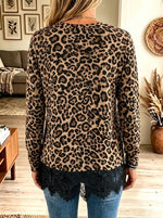 Women's Leopard Print Eyelash Lace Trim Sweatshirt