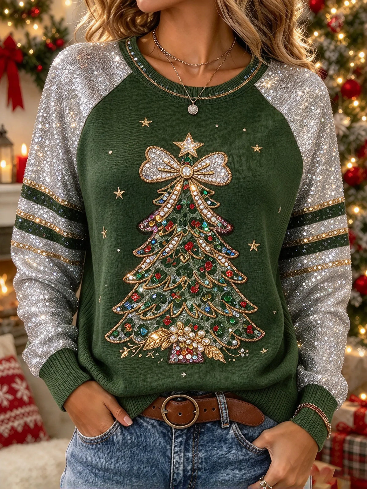 Women's Leopard Tree Sequin Print Sleeve Holiday Sweatshirt