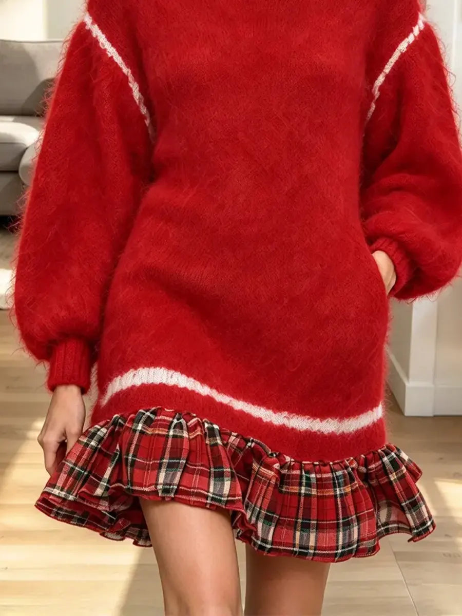 Vintage Plaid Patchwork Turtleneck Art Casual Stylish Long Sleeve Knitted Mini Dress