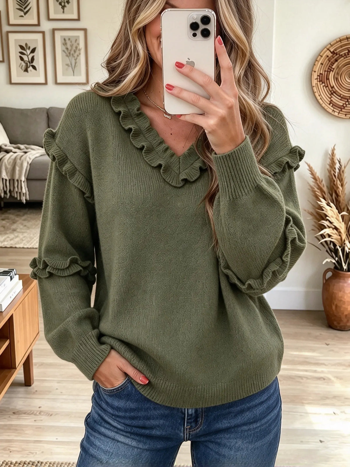 Women's Ruffle V-Neck Drop-Shoulder Knit Sweater