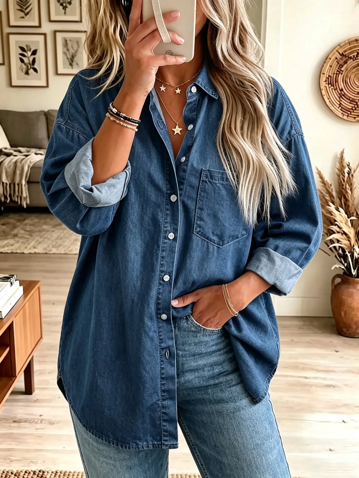 Women's Button-Down Denim Tunic Shirt