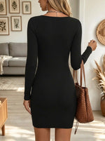 Women's Asymmetric Gold Button Ribbed Bodycon Dress