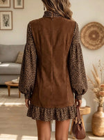 Women's Leopard Contrast Suede Babydoll Mini Dress