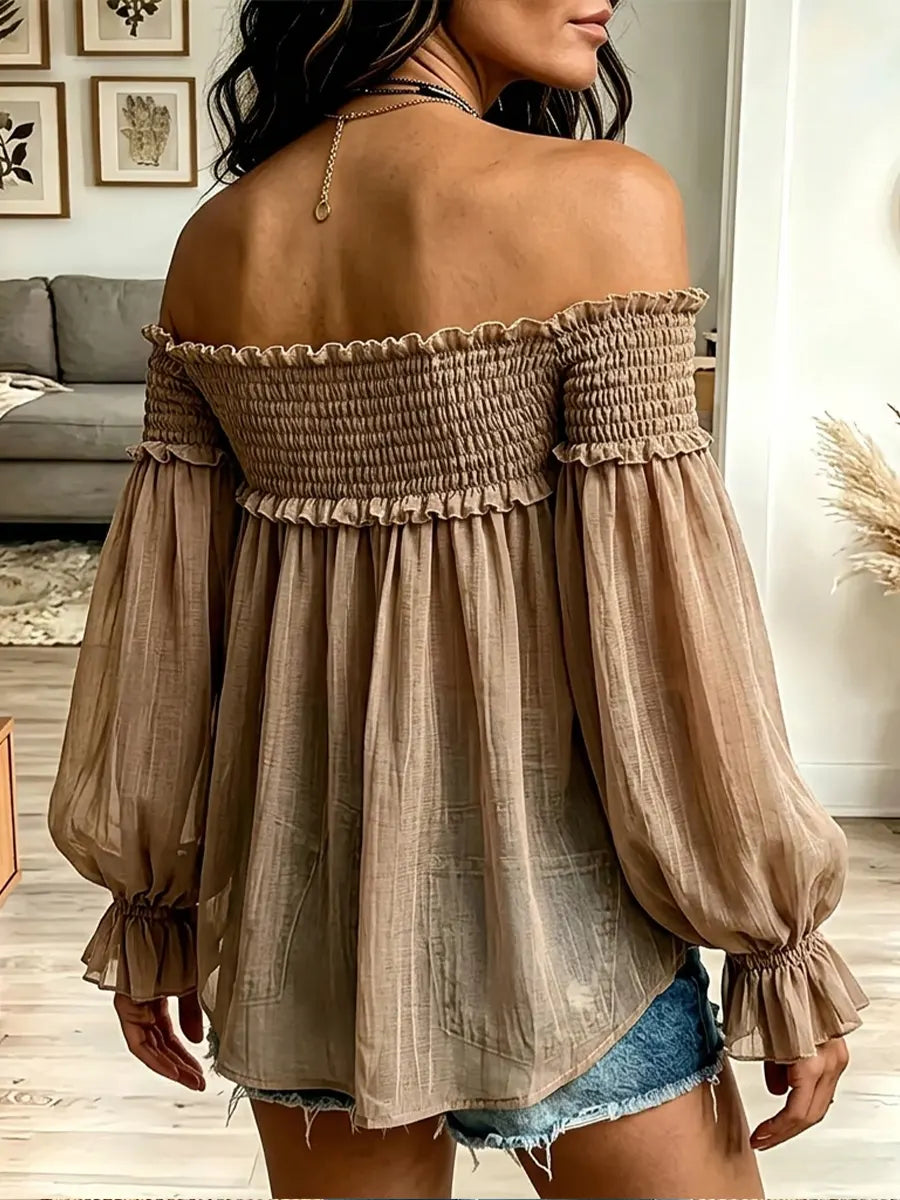 Vintage Elegant Off-the-shoulder Smocked Cotton Linen Shirt