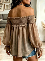 Vintage Elegant Off-the-shoulder Smocked Cotton Linen Shirt