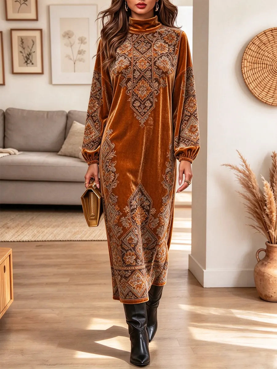 Retro Floral Pattern Art Print Casual Stylish Long Sleeve Velvet Dress