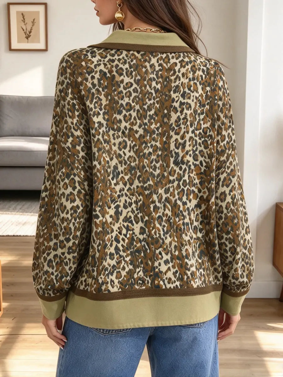 Vintage Leopard Pattern Zip Lapel Art Casual Stylish Long Sleeve Shirt