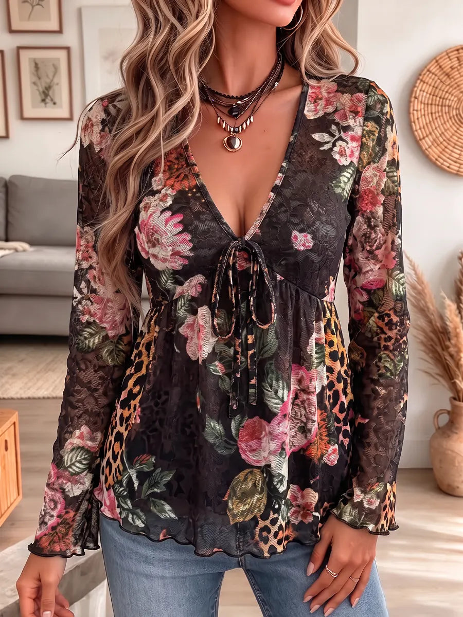 Vintage Elegant Floral Leopard Print Sheer Mesh Shirt