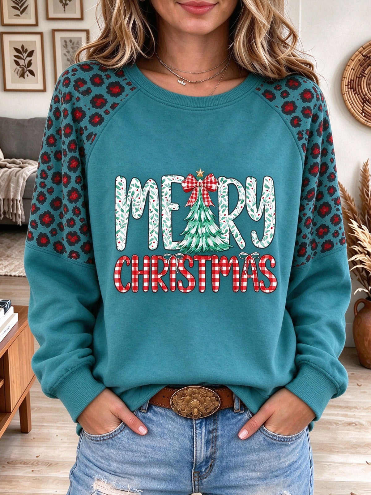 Women's Merry Christmas Graphic Sweatshirt Leopard Patchwork Long Sleeve Casual Pullover