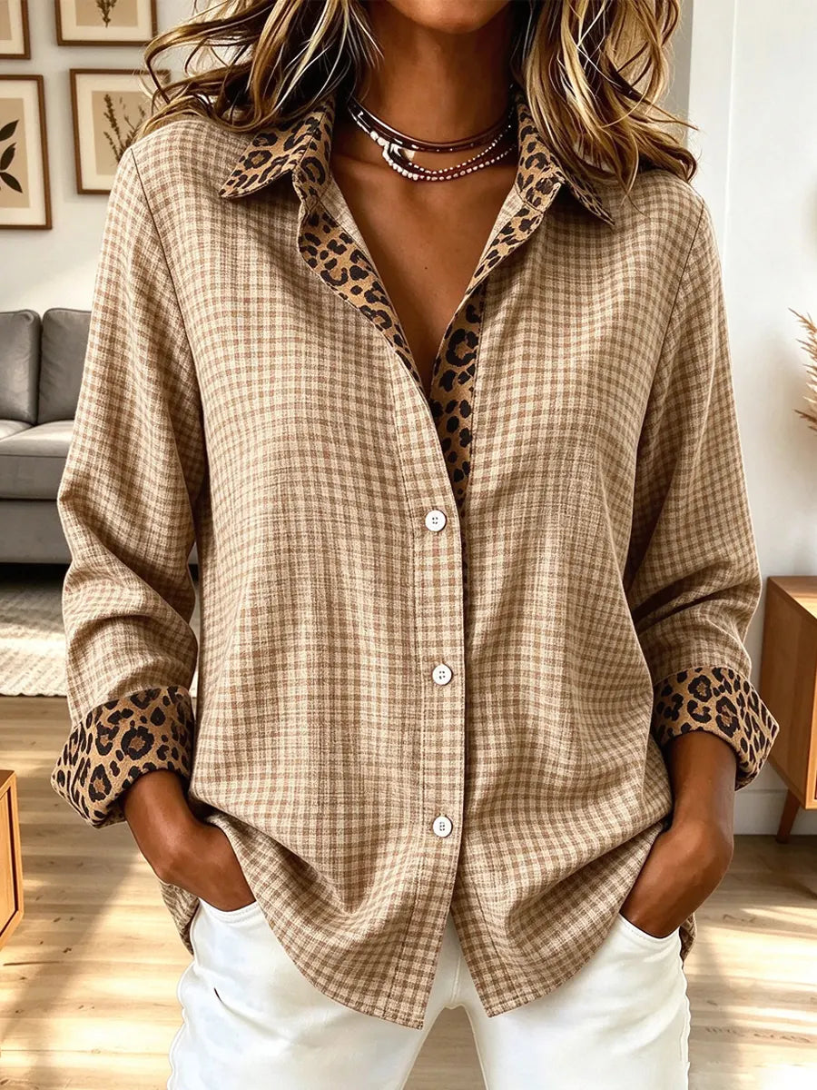Retro Leopard Pattern Plaid Art Casual Stylish Cotton Linen Shirt
