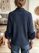 Women's Faux Fur Cuff Asymmetric Ribbed Cardigan
