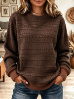Women's Vintage Brown Geometric Textured Crew Neck Long Sleeve Knit Sweater
