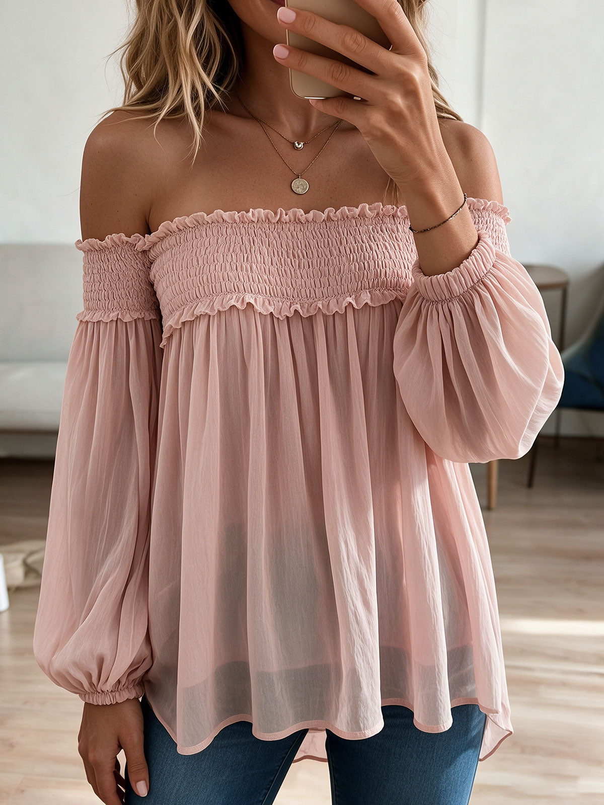 Off Shoulder Smocked Chiffon Blouse with Puff Lantern Sleeves