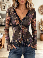 Vintage Elegant Sheer Mesh Leopard Print Shirt