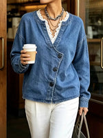 Retro Lace Denim Patchwork Art Casual Stylish Long Sleeve Coat