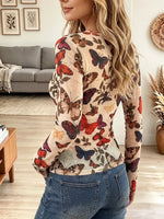 Vintage Elegant Sheer Mesh Butterfly Print Shirt