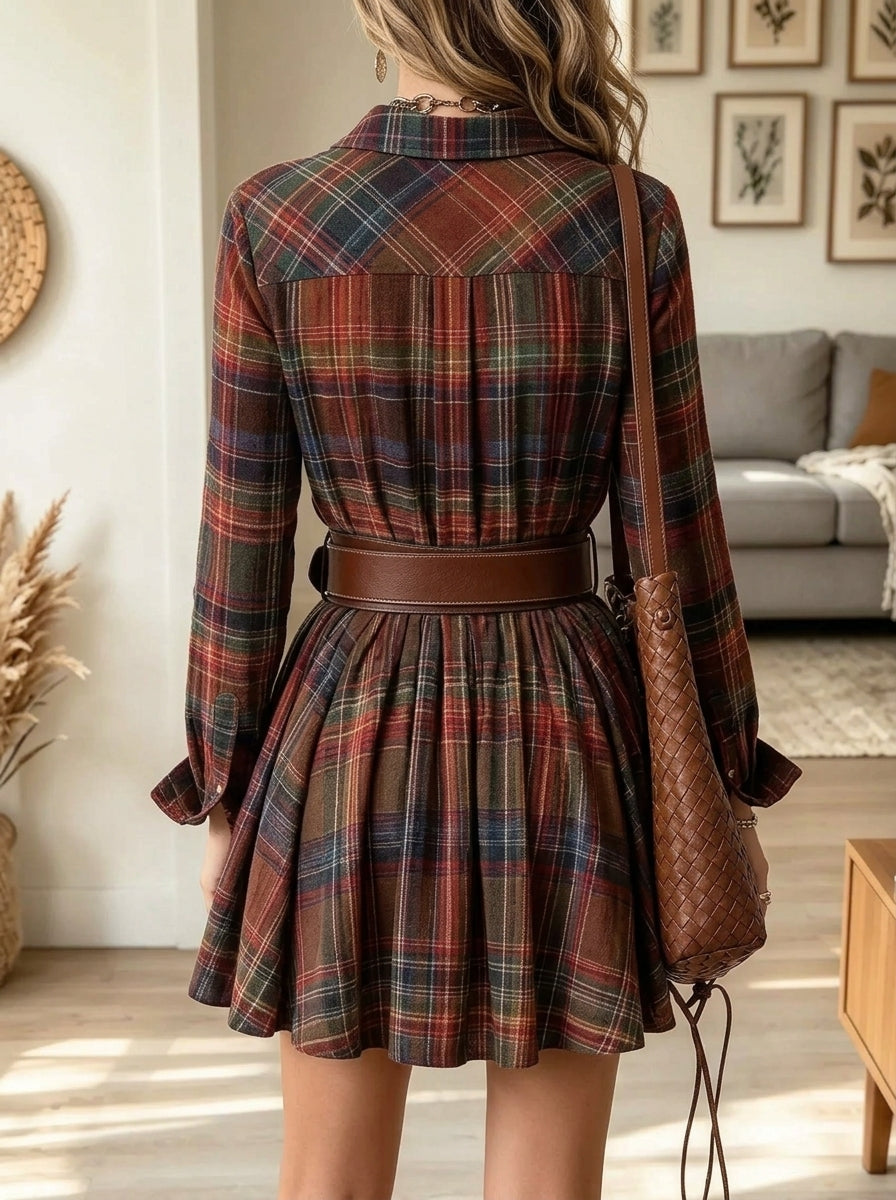 Women's Plaid Flap Pocket Pleated Shirt Dress
