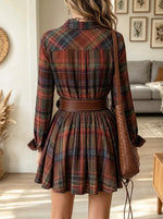 Women's Plaid Flap Pocket Pleated Shirt Dress