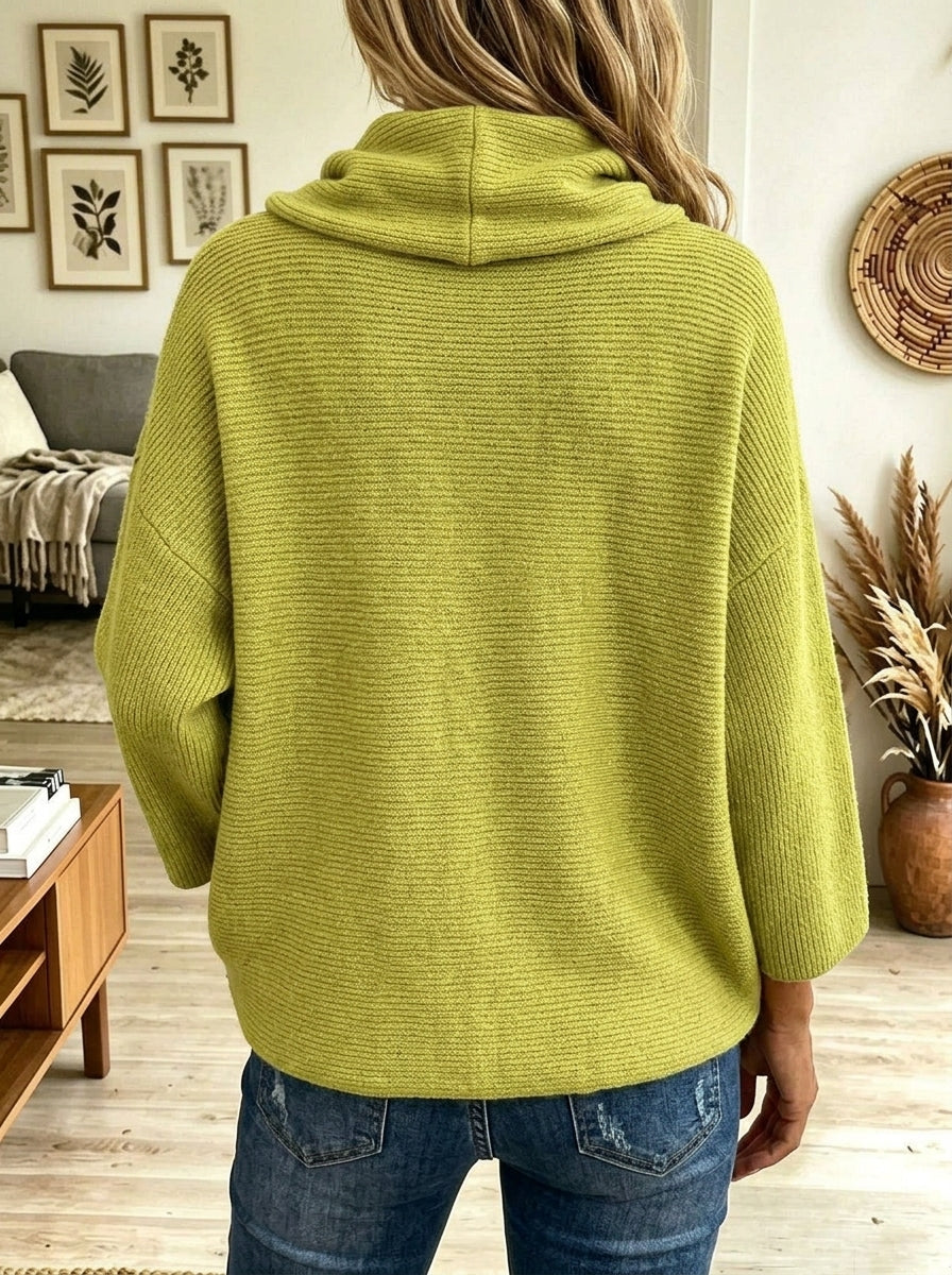 Women Green Asymmetric Cowl Neck Button Knit Wrap Sweater